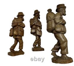 Traveling Man Hand Carved Wooden Statue Set, Folk Art, 3 Statues