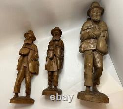 Traveling Man Hand Carved Wooden Statue Set, Folk Art, 3 Statues