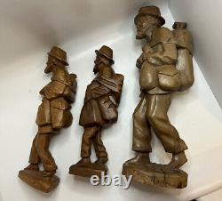 Traveling Man Hand Carved Wooden Statue Set, Folk Art, 3 Statues