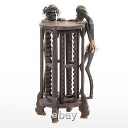 Tribal Folk Art Carved Wood Accent Table with Rotating CD Rack