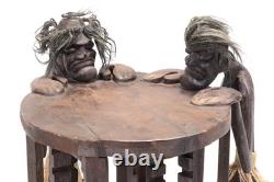 Tribal Folk Art Carved Wood Accent Table with Rotating CD Rack