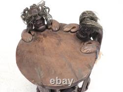 Tribal Folk Art Carved Wood Accent Table with Rotating CD Rack