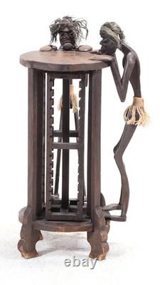 Tribal Folk Art Carved Wood Accent Table with Rotating CD Rack