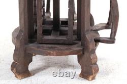 Tribal Folk Art Carved Wood Accent Table with Rotating CD Rack