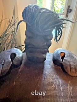 Tribal Folk Art Carved Wood Accent Table with Rotating CD Rack