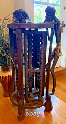 Tribal Folk Art Carved Wood Accent Table with Rotating CD Rack