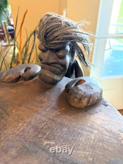 Tribal Folk Art Carved Wood Accent Table with Rotating CD Rack
