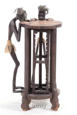 Tribal Folk Art Carved Wood Accent Table with Rotating CD Rack