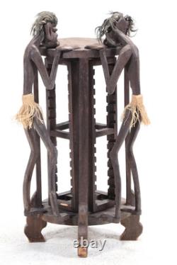 Tribal Folk Art Carved Wood Accent Table with Rotating CD Rack