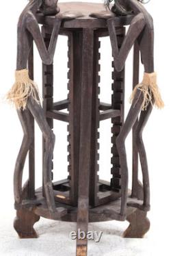 Tribal Folk Art Carved Wood Accent Table with Rotating CD Rack