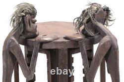 Tribal Folk Art Carved Wood Accent Table with Rotating CD Rack