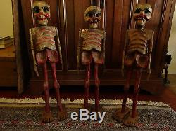 Trio Of Vintage Guatemalan Carved San Pascual Skeletons Collectible Folk Art