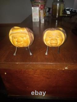 Two Folk Art 19th Century Coquilla Nut Hand Carved Candle Or Match Stick Holder