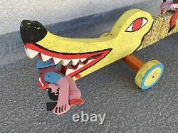 UNIQUE Folk Art Carved Guy Riding Crazy Croc Alligator Eating Man Wood Sculpture