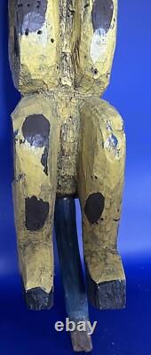 Unique Antique Hand Carved and Painted Cat Folk Art Figure On Post