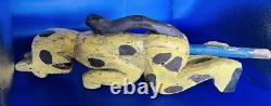 Unique Antique Hand Carved and Painted Cat Folk Art Figure On Post