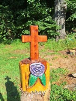 Unique Chainsaw Carved Cedar Wooden Cross With Purple Rose on Base