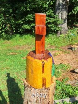 Unique Chainsaw Carved Cedar Wooden Cross With Purple Rose on Base