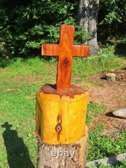 Unique Chainsaw Carved Cedar Wooden Cross With Purple Rose on Base