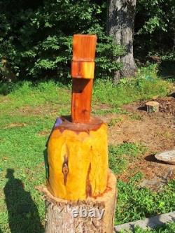 Unique Chainsaw Carved Cedar Wooden Cross With Purple Rose on Base