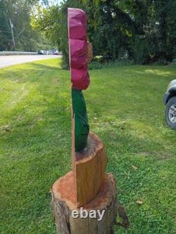 Unique Chainsaw Carved Cedar Wooden Pink Flower