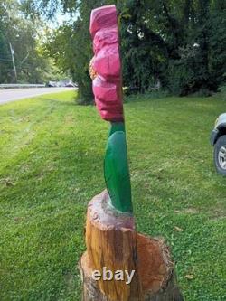 Unique Chainsaw Carved Cedar Wooden Pink Flower