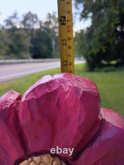 Unique Chainsaw Carved Cedar Wooden Pink Flower