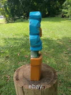 Unique Chainsaw Carved Wooden Blue Flower in Pot