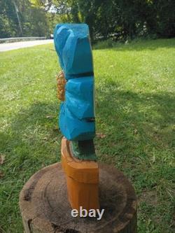 Unique Chainsaw Carved Wooden Blue Flower in Pot