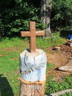 Unique Chainsaw Carved Wooden Cross on Cliff with Stairs