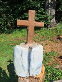 Unique Chainsaw Carved Wooden Cross on Cliff with Stairs