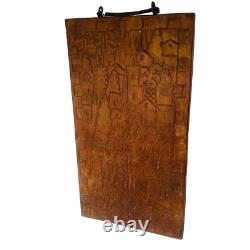 Unique Folk Art Hand Carved Wooden Plaque With Cast Iron Handle