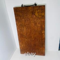 Unique Folk Art Hand Carved Wooden Plaque With Cast Iron Handle
