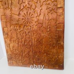 Unique Folk Art Hand Carved Wooden Plaque With Cast Iron Handle