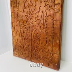 Unique Folk Art Hand Carved Wooden Plaque With Cast Iron Handle