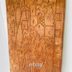 Unique Folk Art Hand Carved Wooden Plaque With Cast Iron Handle
