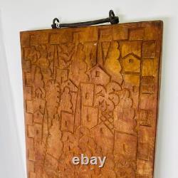 Unique Folk Art Hand Carved Wooden Plaque With Cast Iron Handle