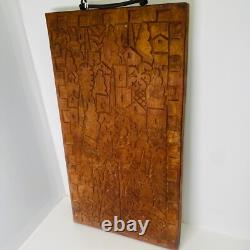 Unique Folk Art Hand Carved Wooden Plaque With Cast Iron Handle