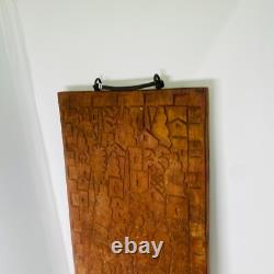 Unique Folk Art Hand Carved Wooden Plaque With Cast Iron Handle