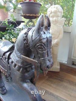 Unique old vintage HAND CARVED WOOD HORSE sculpture on wheels folk art