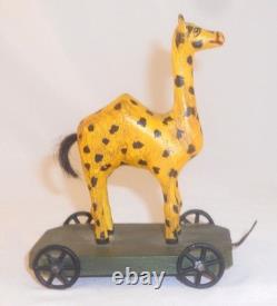 Unusual 1982 Painted Carved Wood Folk Art Camel Pull Toy Walter &June Gottshall
