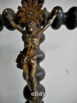 Unusual Antique Folk Art Spool Carved Ebonized Wood and Metal Crucifix