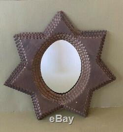 Unusual Antique Tramp Folk Art Chip Carved 6 Point Star Mirror