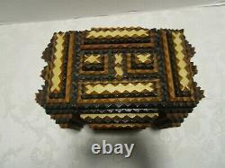 VICTORIAN TRAMP ART CARVED Wood CIGAR trinket DRESSER BOX Folk Art 9 ½ W