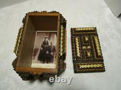 VICTORIAN TRAMP ART CARVED Wood CIGAR trinket DRESSER BOX Folk Art 9 ½ W