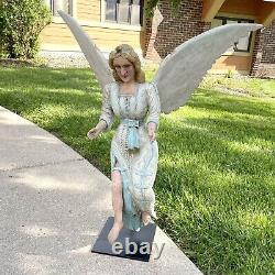 VINTAGE American Folk Art Angel Sculpture Statue Carved Wood Painted LARGE