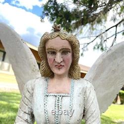 VINTAGE American Folk Art Angel Sculpture Statue Carved Wood Painted LARGE
