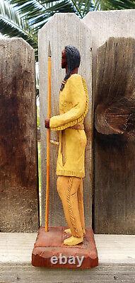 VINTAGE FOLK ART WOODEN INDIAN FIGURINE CARVED by JD JACKSON 1990 OKLAHOMA USA