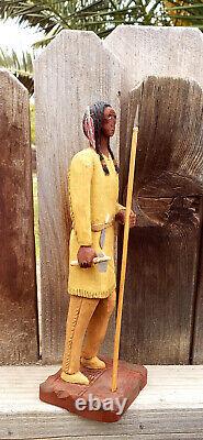 VINTAGE FOLK ART WOODEN INDIAN FIGURINE CARVED by JD JACKSON 1990 OKLAHOMA USA