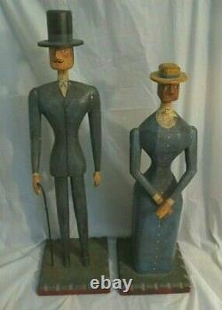 VINTAGE FOLK ART WOOD CARVED & PAINTED MAN & WOMAN FIGURES (2) Extra Tall (33)